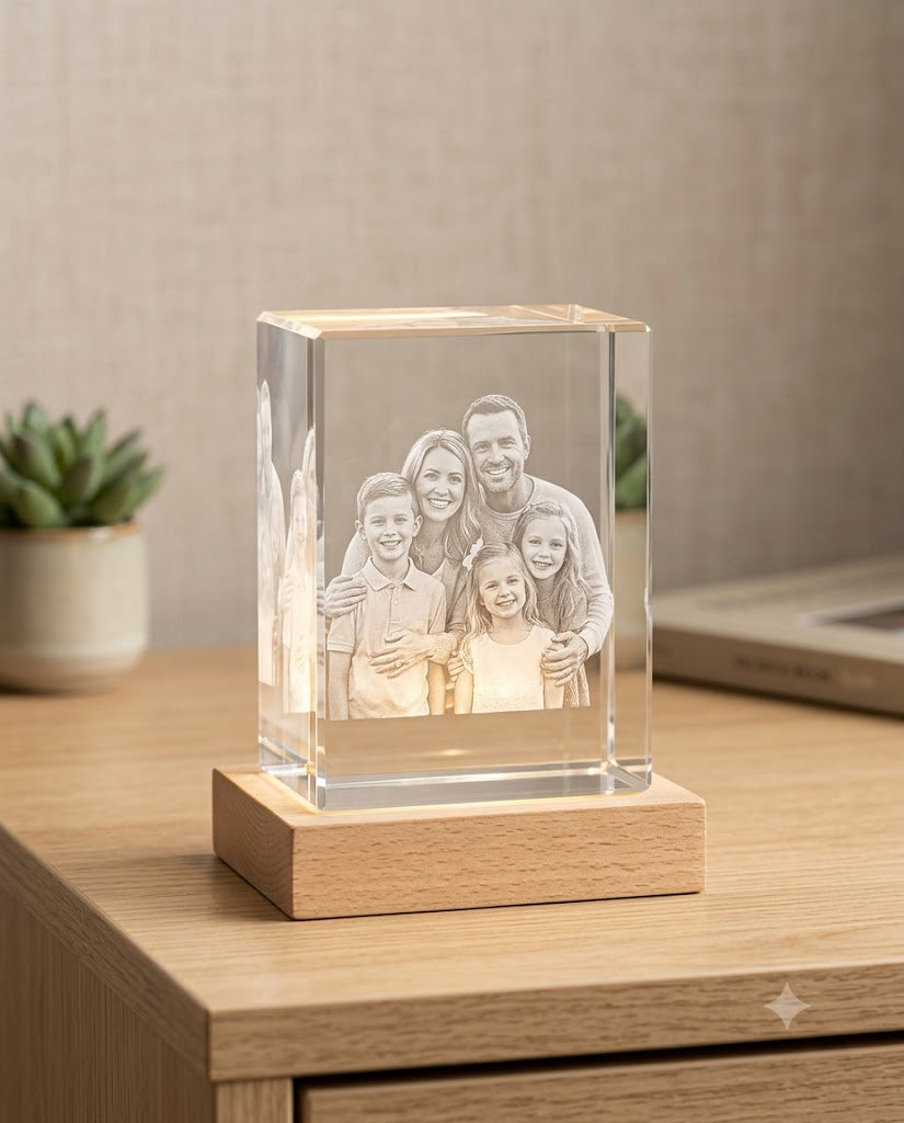 Custom handmade 3D crystal photo portrait with engraved family photo on a lit wooden base