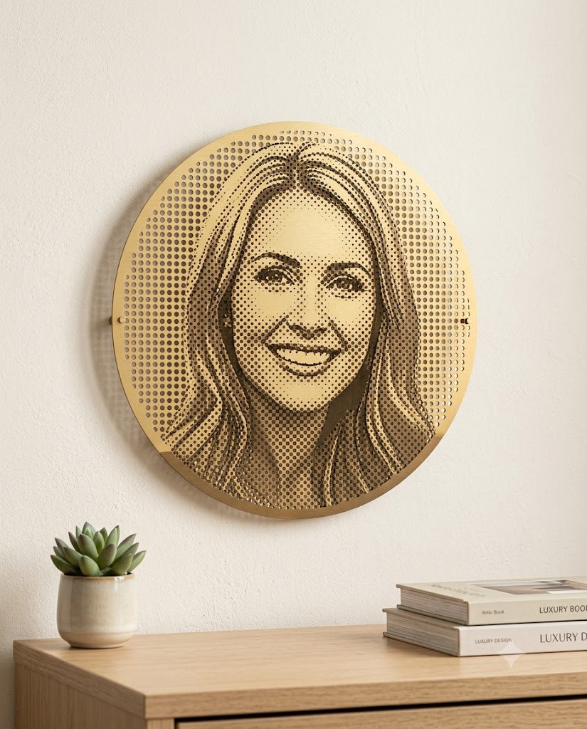 Custom 3-tone gold metal halftone portrait wall art
