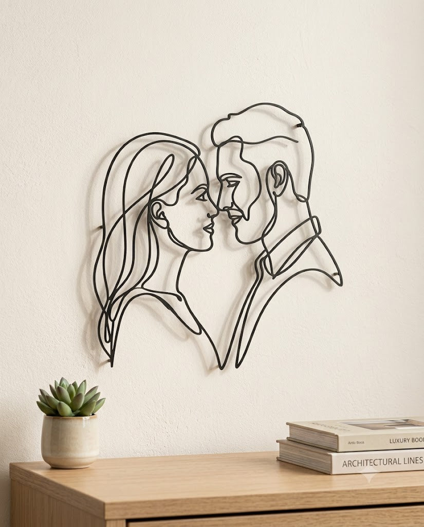 Custom minimalist laser-cut metal line art couple portrait